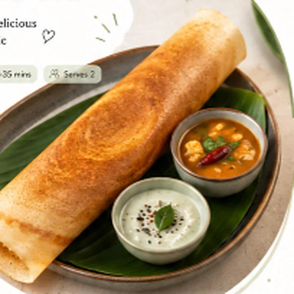 Crispy masala dosa with coconut chutney and sambar