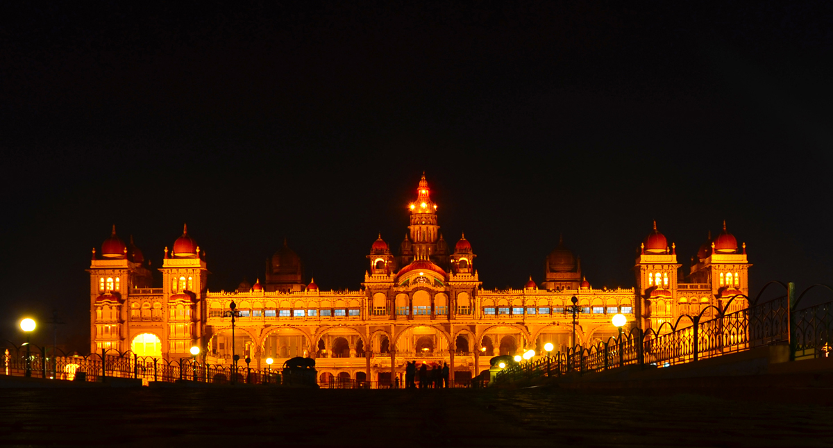 Illuminated Mysore palace at night
