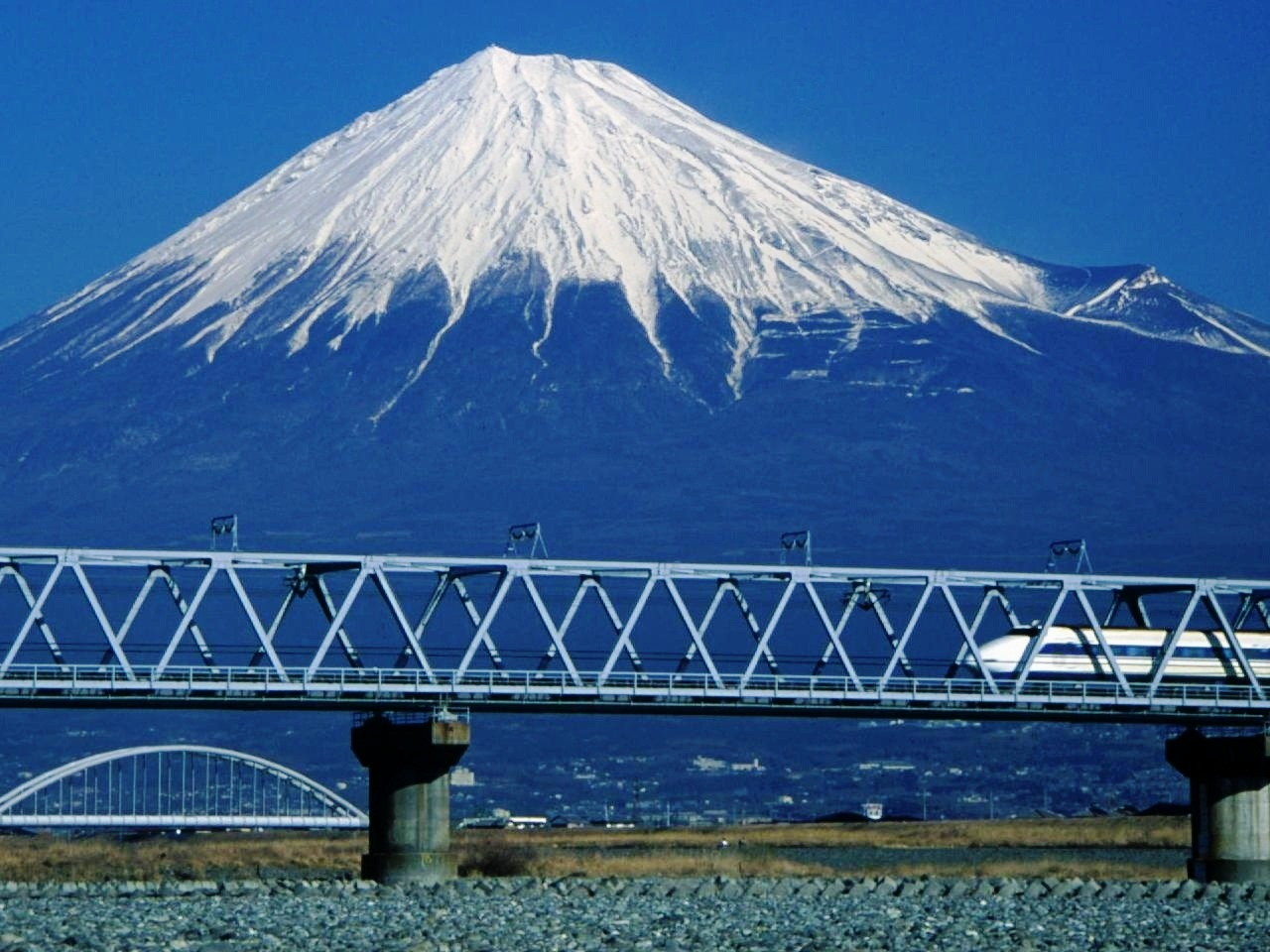 Mount Fuji and Shinkansen 100 from Fuji River